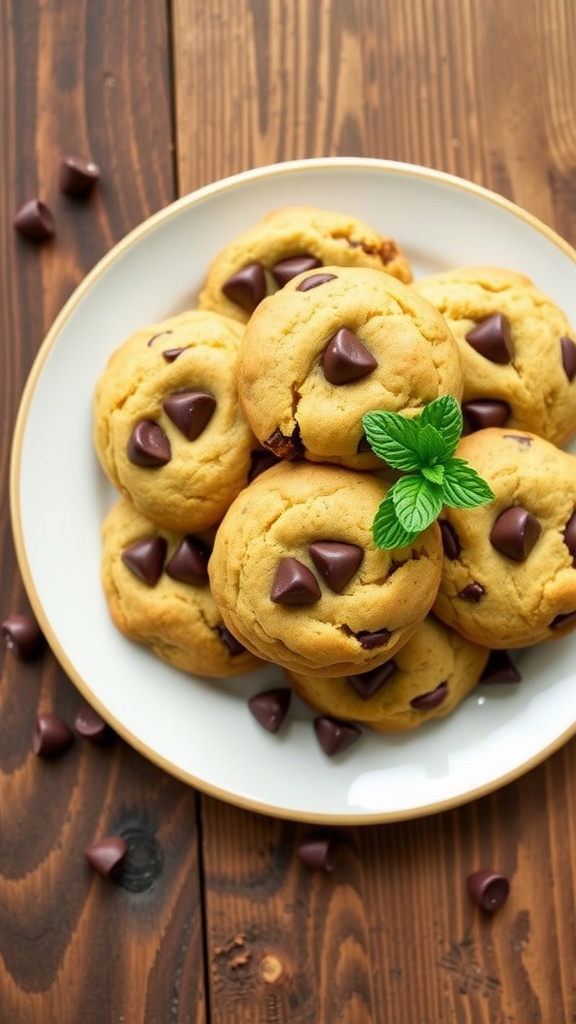 A plate of soft zucchini chocolate chip cookies with melted chocolate chips, served on a rustic wooden table.